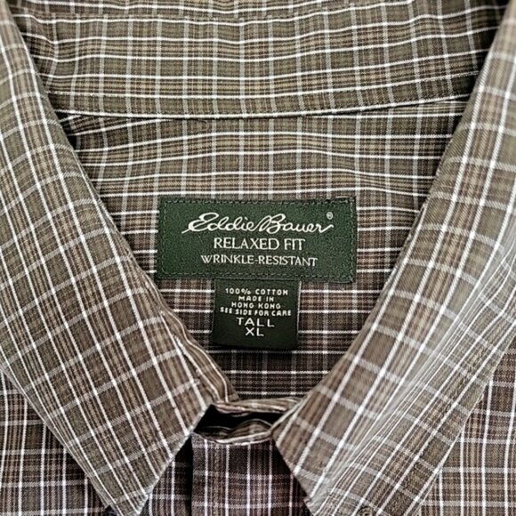 Eddie Bauer Men's Shirt Size XL Tall Khaki Check Relax Fit Button Down Collar - Picture 4 of 11